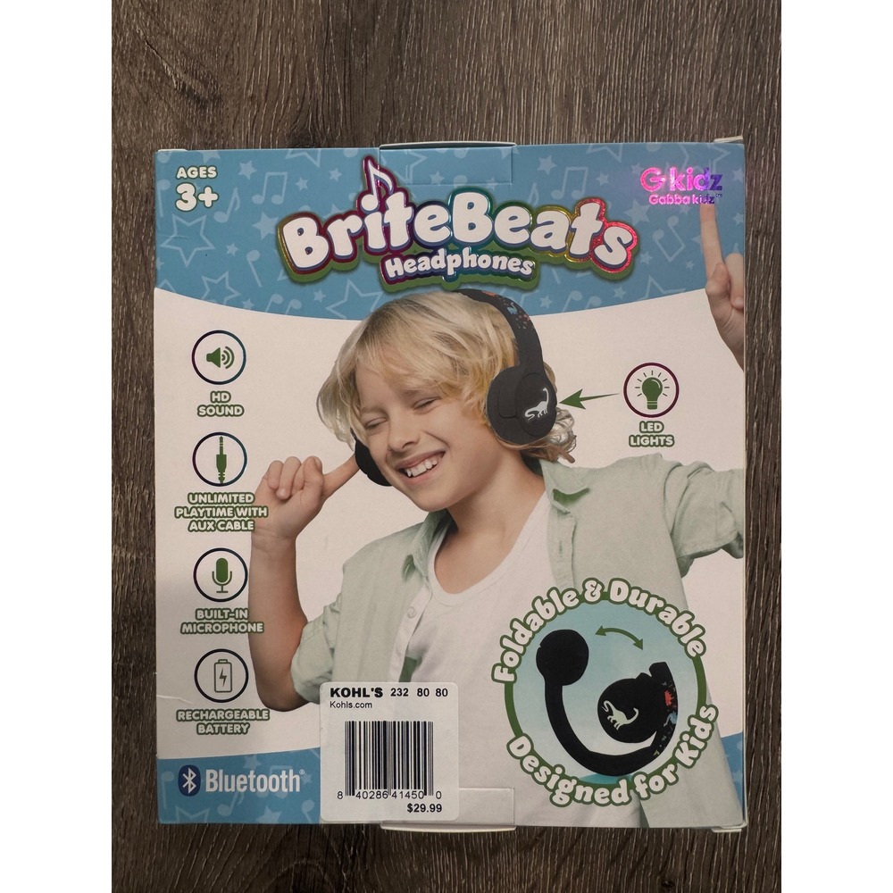 Gabba Kidz BriteBeats Kids Bluetooth Headphones LED Dinosaur Black GK-LUHP-DNO